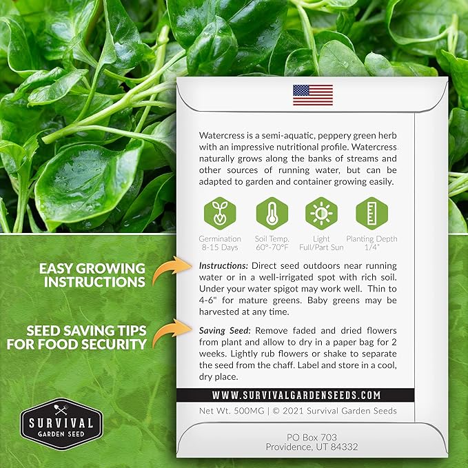 1 Pack Watercress Seed for Planting - Packet with Instructions to Grow Nasturtium officinale in Your Home Vegetable Garden - Non-GMO Heirloom Variety - Survival Garden Seeds