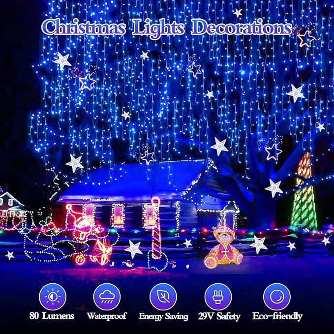 960 LED 98FT Christmas Lights Plug in 8 Modes with Timer Dimmable Christmas Decorations Outdoor Waterproof Indoor Curtain String Lights for Roof Garden Holiday Wedding Party Decor Blue