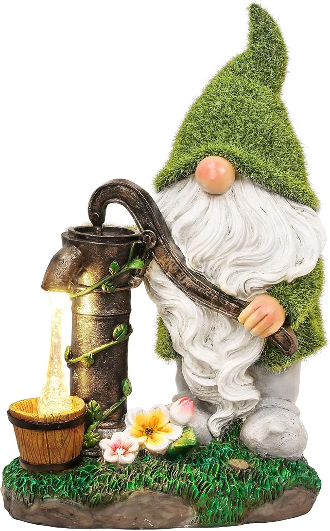 TERESA'S Collections Resin Garden Gnomes Decor with Solar Lights, Light Green Outdoor Decorations for Porch Patio, Gifts for Women and Men,Outdoor Garden Decor Ornaments for Outside, 9"