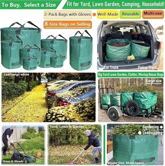 Professional 2-Pack 106 Gallon Yard Lawn Garden Bags Large (D31, H31 inches) Yard Waste Bags with Gardening Gloves, Big Leaf Bag,Debris Bag,Patio Waste Bag,Lawn Grass Bag,Garden Trash Bag W/ 4 Handles
