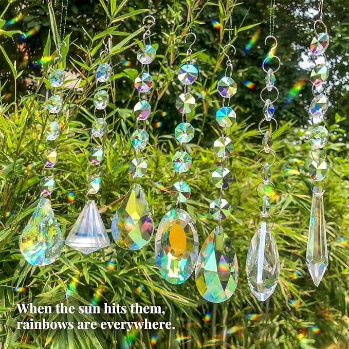 Sun Catchers with Crystals, 7 Pcs Hanging Crystals Suncatchers for Windows, Colored Crystals Prisms Glass Pendant Suncatchers Beads for Chandeliers, Garden, Christmas Tree Decoration