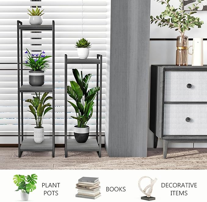 34" Tall Plant Stand Indoor, 2-Tier Modern Plant Shelf Corner Flower Pot Holder Organizer for Living Room Balcony Garden, Oak Grey