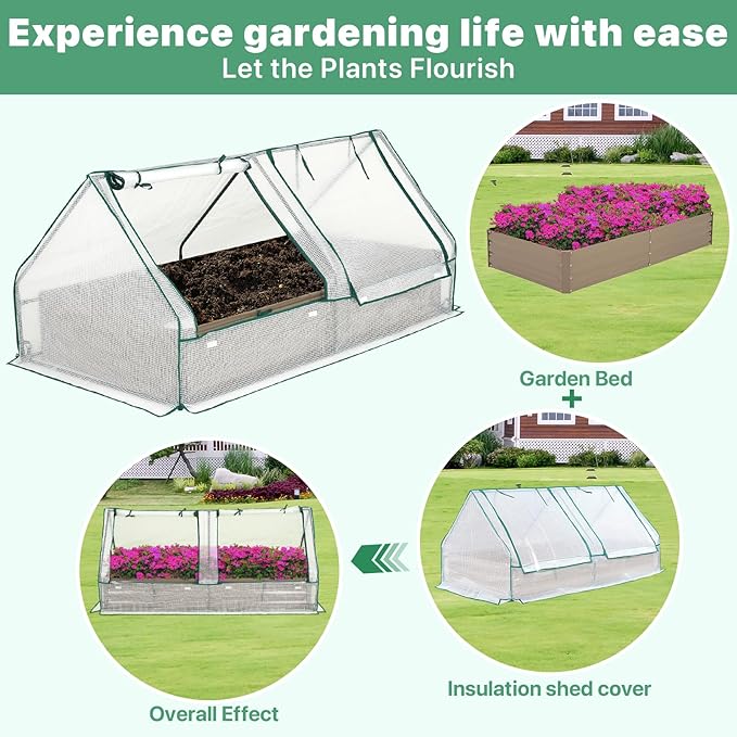 Metal Raised Garden Bed with Greenhouse 2 Large Zipper Windows Dual Use,Galvanized Steel Raised Garden Bed for Gardening Vegetables Fruit,20pcs T-Types Tags & 1 Pair of Gloves,6x3x1FT,Brown