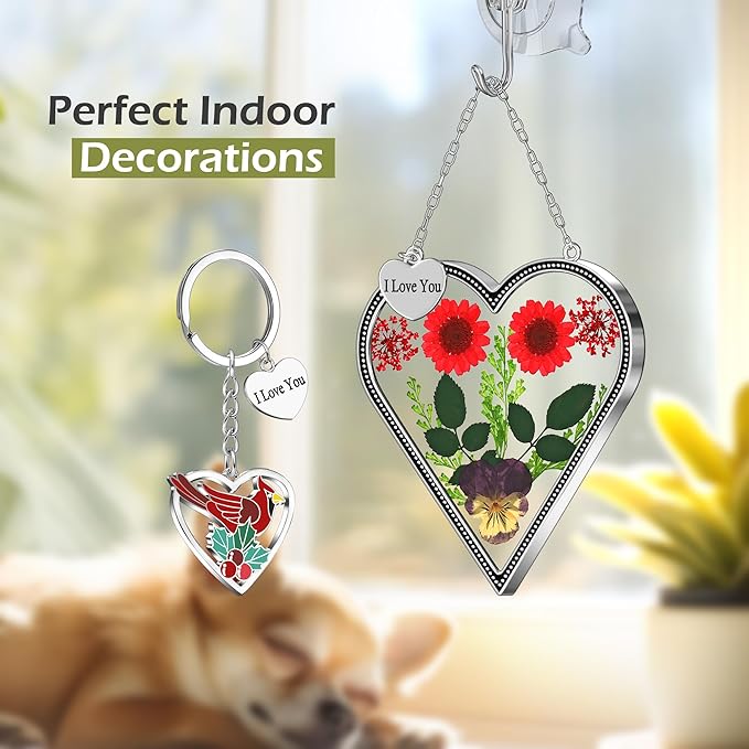 KY&BOSAM Heart Suncatcher Gift for Mom I Love You Heart Wind Chime for Windows Pressed Flower Between Heart in Glass and Metal Engraved Charm Birthday Gift for Women Mother's Day Valentine's Christmas