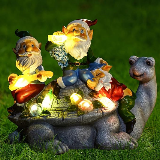 Upgraded Size Solar Garden Outdoor Statues Three Gnomes having party on turtle with 7 LED Solar Figurine for Lawn,Patio,Balcony,Yard Decor Unique Housewarming Gift, for grandfather, Father,Grandma,Wen