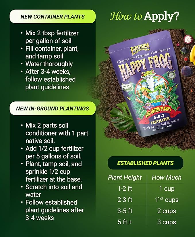 FoxFarm Happy Frog Acid Loving Plant Fertilizer, Slow-Release Fertilizer for Rhododendrons, Azaleas, Hydrangeas, Blueberries, Strawberries & More NPK 4-5-3 (4 lb)