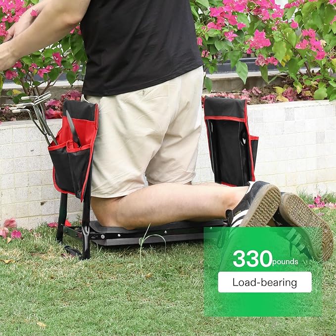 Garden Kneeler and Seat, 10.9" Wider Foldable Gardening Stool, Heavy Duty Garden Bench, Gloves & EVA Foam Pad & 2 Tool Bags, Gardening Tools for Women Men Father Mother, Portable Outdoor Garden Tools