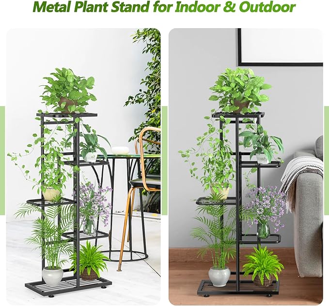 5 Tier 6 Potted Plant Stand Indoor with Gardening Tools and Gloves, Upgraded Corner Tall Metal Plant Shelf Organizer Outdoor, Multiple Flower Pot Holder Display Rack (5 -Tier Black)