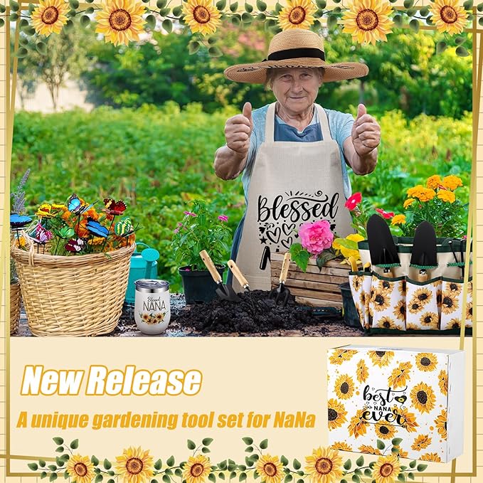 Lasnten 16 Pcs Gardening Tools Set Nana Gifts Birthday Gifts for Nana Grandma with Gloves Apron and Hat Tote Bag Insulation Cup Blessed Nana Ever Gifts Set for Plant Lover from Grandkids Grandson