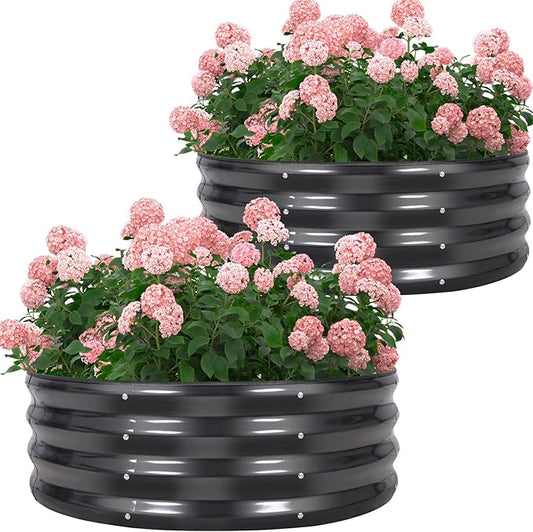 Galvanized Raised Garden Bed- 2Pcs 3x3x1FT Metal Planter Boxes Outdoor | Round Steel Raised Bed Kit & Fire Pit Ring for Gardening with Protective Tape, Gloves for Vegetables, Flower (Grey)