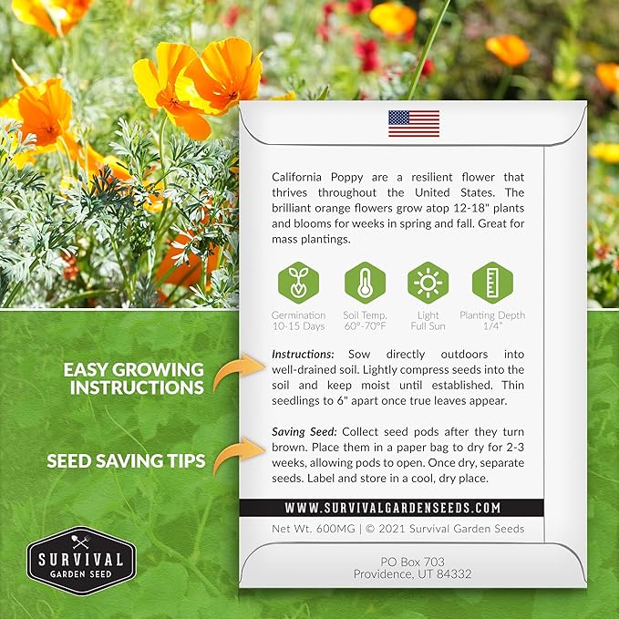 Survival Garden Seeds 2 Packets California Poppy for Planting - Seed Packs with Instructions to Grow Eschscholzia Californica Plants in Your Home Flower Garden - Non-GMO Heirloom Wildflower Variety