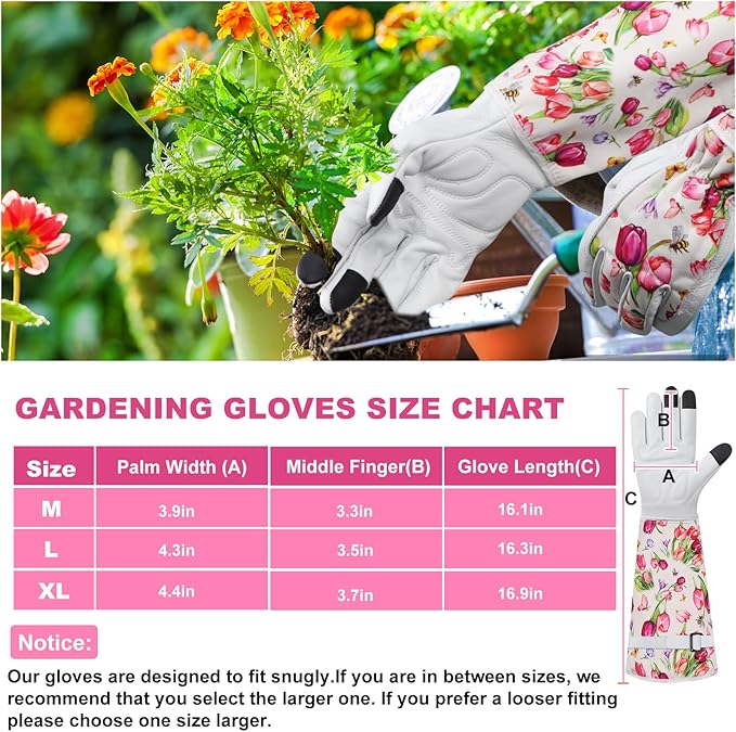DLY Gardening Gloves for Women, Rose Gloves Gardening Thorn Proof, Long Garden Gloves for Women, Breathable Cowhide Leather Gauntlet (X-Large, White)