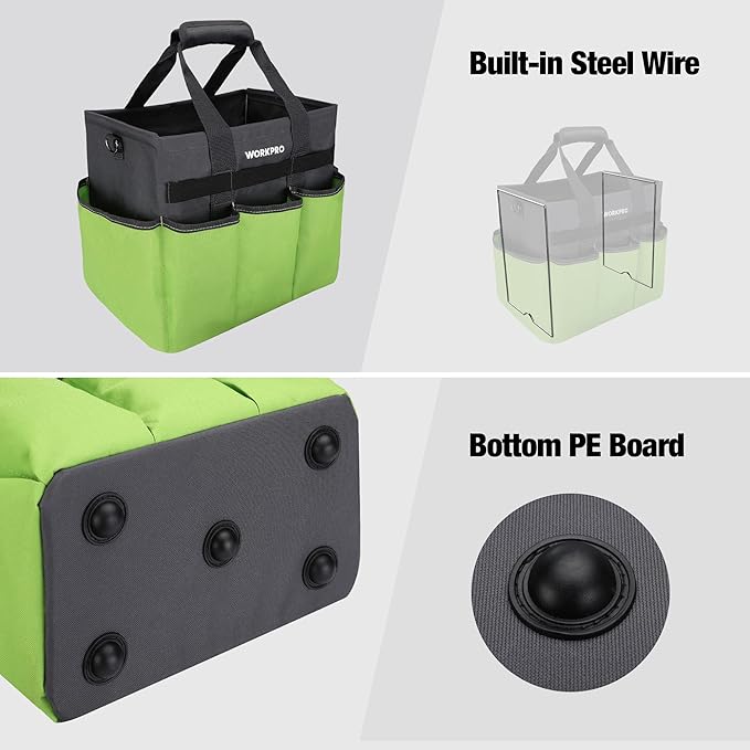 WORKPRO Garden Tool Bag Organizer, Heavy Duty Gardening Tote Bag with 10 Pockets and Long Adjustable Shoulder Strap, Standable Garden Home Tool Kits Organizer, Green