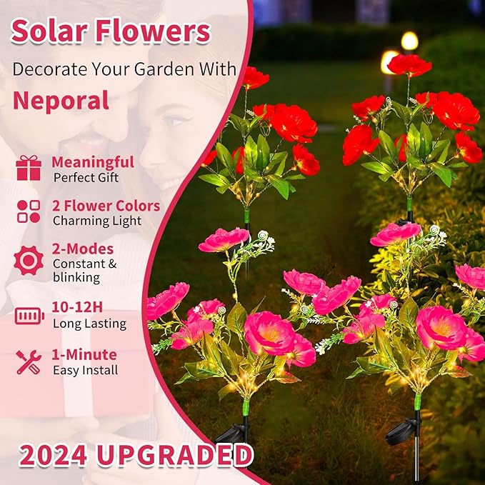 Neporal Solar Flowers Outdoor Waterproof Camellia,4PK Decorative Garden Lights Solar Powered Dusk to Dawn, 7-Stem, 2 Lighting Modes Plants Lights for Yard, Backyard, Porch (Pink+Red)