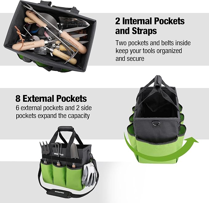 WORKPRO Garden Tool Bag Organizer, Heavy Duty Gardening Tote Bag with 10 Pockets and Long Adjustable Shoulder Strap, Standable Garden Home Tool Kits Organizer, Green