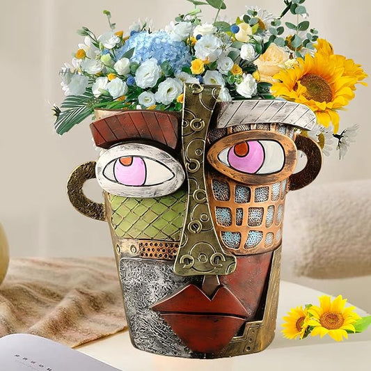 Brutalist Abstract Face Planters Pots Head, Unique Abstract Flower Pot, Funny Planters Decoration Flower Resin Face Flower Pot for Indoor and Outdoor Plants Colorful Funny Room Decor (Retro)