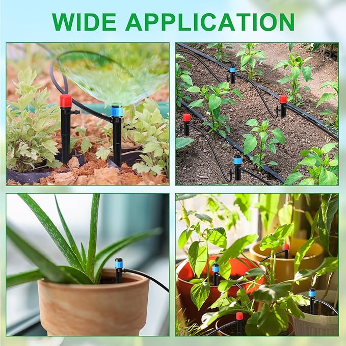 32 Pcs Drip Irrigation Emitters Drip Emitters for 1/4 Inch Tubing Irrigation Drippers Sprayer 360 Degree Water Flow Drip for Garden Flower Bed Irrigation System (Red and Blue,Double Hook)