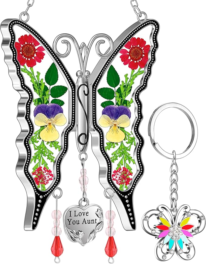 KY&BOSAM I Love You Aunt Butterfly Suncatcher for Windows Gifts for Aunt Pressed Flower Between Wings Glass Metal Engraved Charm Gifts for Aunt Mother's Day Valentine's Birthday Thanksgiving Christmas