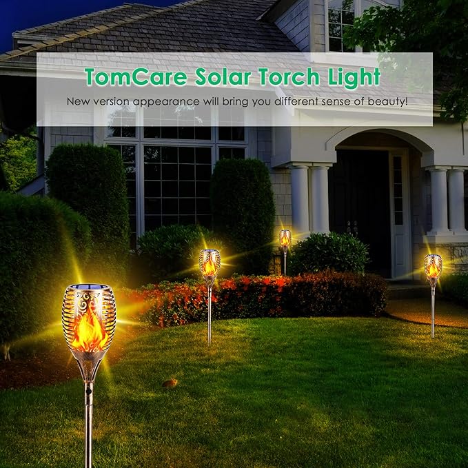TomCare Solar Torch Lights 99 LED Flickering Flame 43" Decorative Waterproof Solar Powered Pathway Lights for Garden Patio Yard, 4Pack (Bronze)