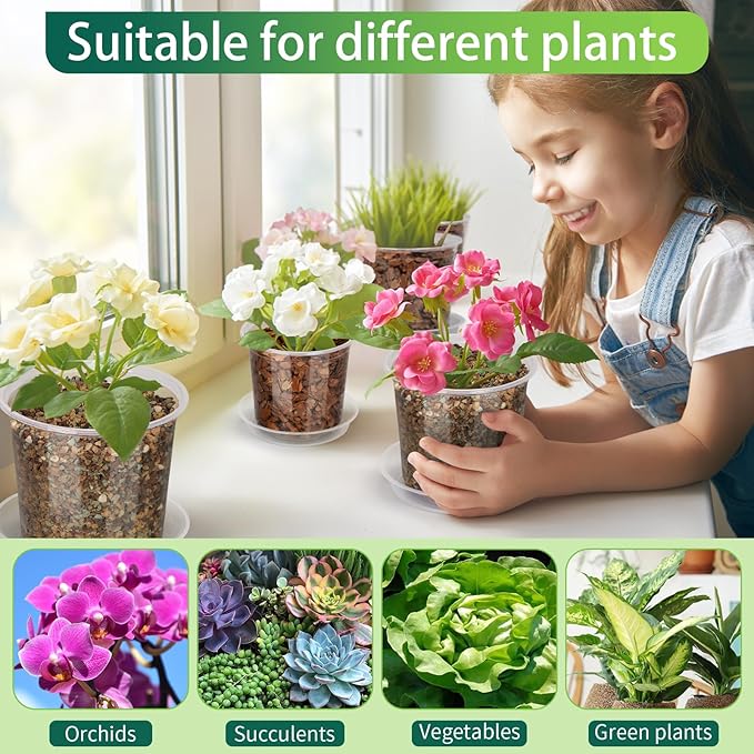 24 Pack 7/6/5 Inch Clear Nursery Pots with Drainage and Saucers, Durable Clear Plant Pots, Plastic Nursery Pots for Plants, Seed Starting Pots (5/6/7inch-24pcs)