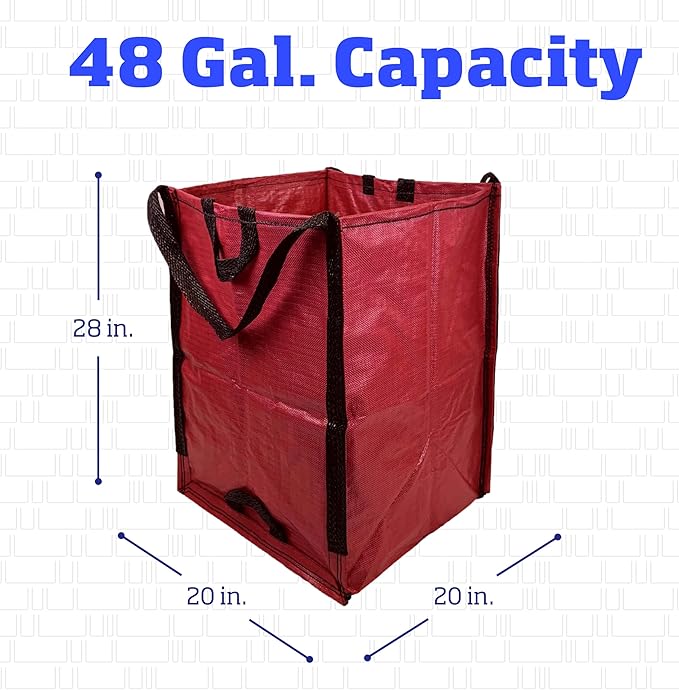 DURASACK Heavy Duty Home and Yard Waste Bag 48-Gallon Woven Polypropylene, Reusable Lawn and Leaf Garden Bag with Reinforced Carry Handles, Pop-Up Self-Standing Garbage Can, Red, Pack of 3