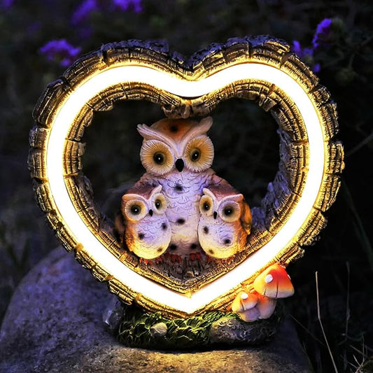 Solar Owl Garden Statue, Outdoor Waterproof Handmade Resin Statue,Garden Sculpture with Solar LED Lights, Warm Owl Statue Decoration, Suitable for Roads, Yards, lawns (Warm Owl Family)