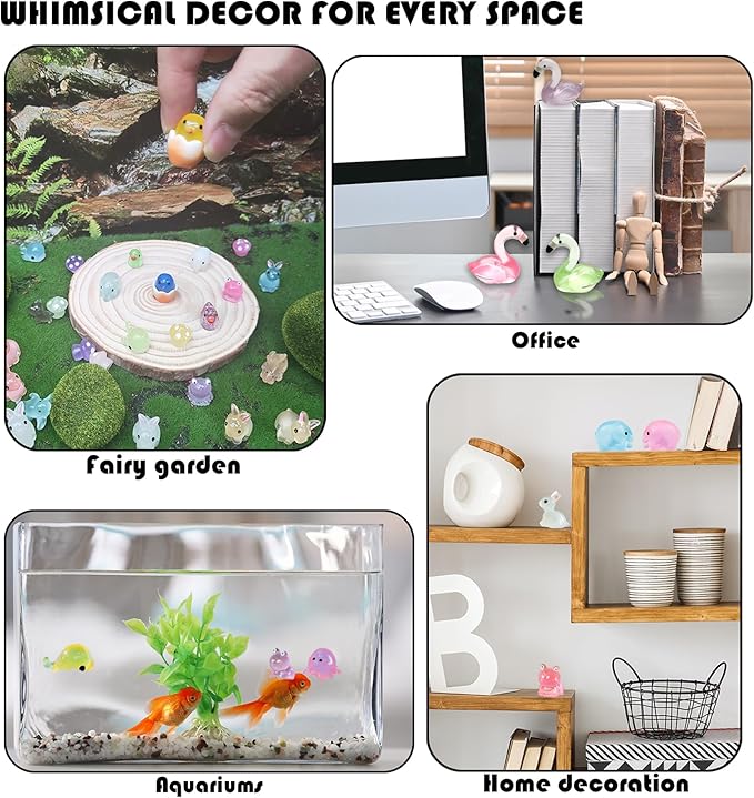 150pcs Mini Resin Animals Figures to Hide Luminous Tiny Animals Ducks Dinosaurs Flamingos Miniature Figurines Glow in the Dark for Fairy Garden Dollhouse Landscape Aquarium Potted Party Favor Decor