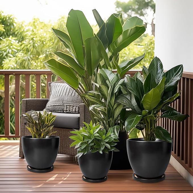 Ceramic Planter - 10 Inch Plant Pot with Drainage Hole and Tray, Round Flower Pots, Planters for Indoor Plants, Modern Room Garden Patio Bathroom Living Room Porch Home Decor, Black