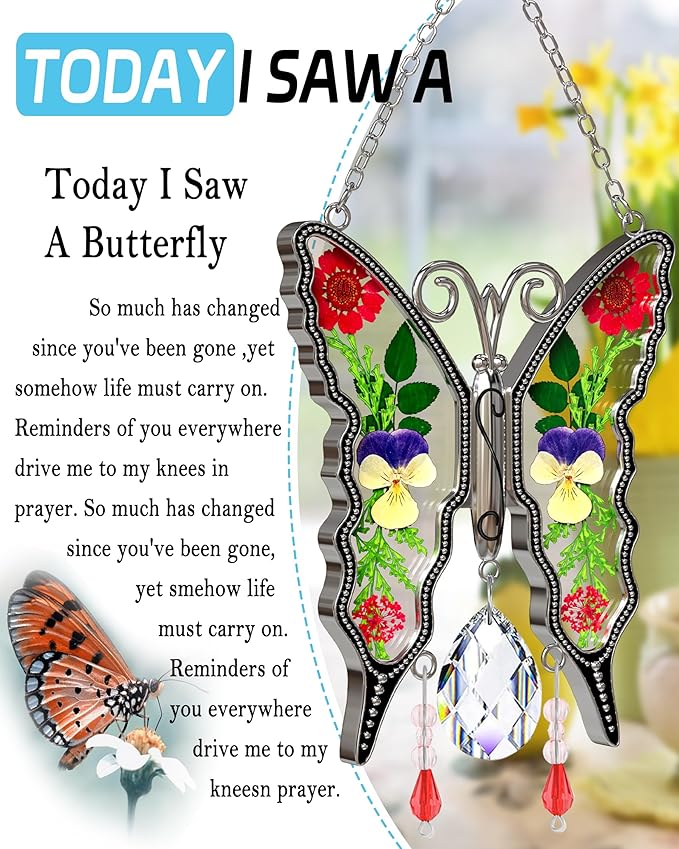 KY&BOSAM Butterfly Suncatchers for Windows - Stained Glass Crystal Wind Chimes with Metal Charms, Colorful Rainbow Prisms Garden Decor for Mom/Grandma, Christmas Wedding Gifts (8" Hanging Ornaments)