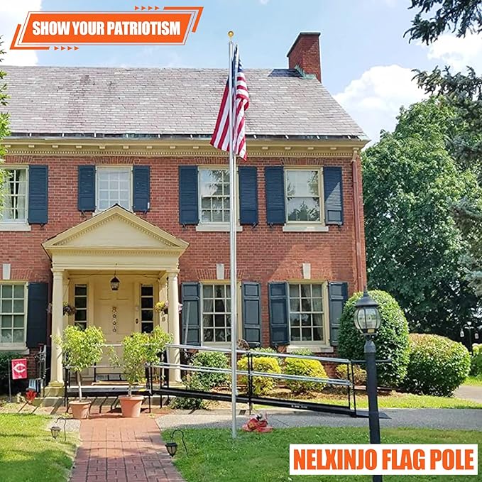 NELXINJO 20FT Sectional Flag Pole Kit, Heavy Duty Aluminum Outdoor In-Ground Flagpole, Gold Ball Top, 3x5 USA Flag for Residential commercial Outdoor Garden(20FT, Silver)