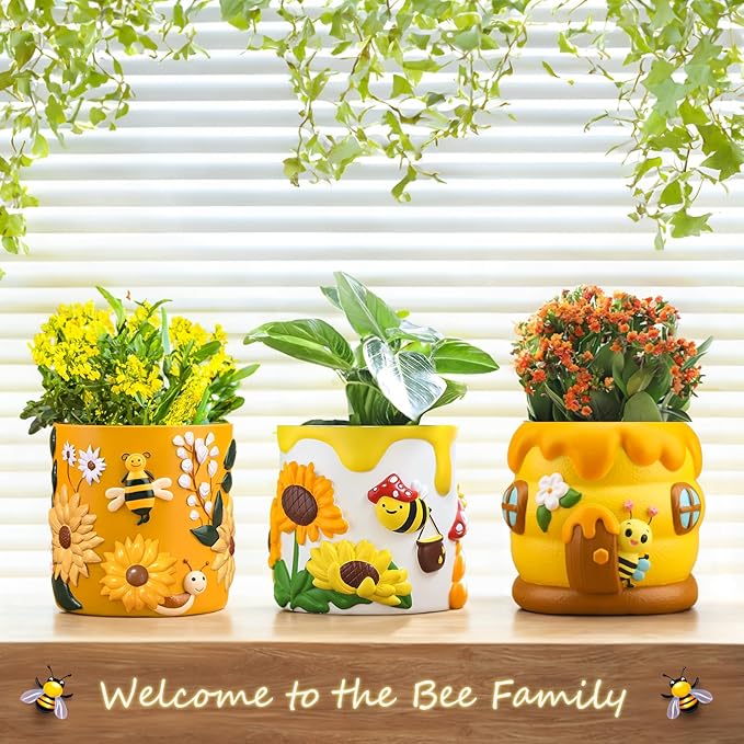 GUGUGO 8Inch Colorful Bees and Sunflowers Plant Pots, Cute Unique Succulent Planters with Drainage, Rainbow Small Mushrooms Flower Planters Pots for Indoor Plants, Funny Eclectic Home Decor
