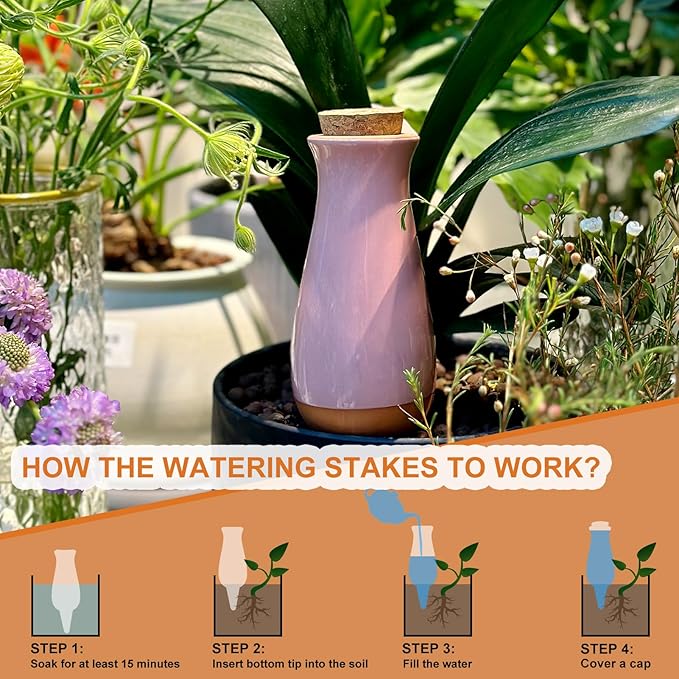 4 Packs Plant Watering Globes, Self Watering Planter Insert, Clay Plant Watering Devices, Self Watering Pots for Indoor Plants, Automatic Watering Bulbs Drip Irrigation Stake for 1 Week Easy to Refill