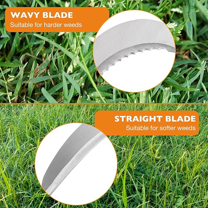 HQPASFY Weeding Sickle Set, Long Handle Sickle with Serrated Double-Edged Blade, Grass Sickle Stand Up Weeding Tool with 2 Pack Leaf Scoops, 16 Gallon Lawn Bag with Gardening Gloves for Yard