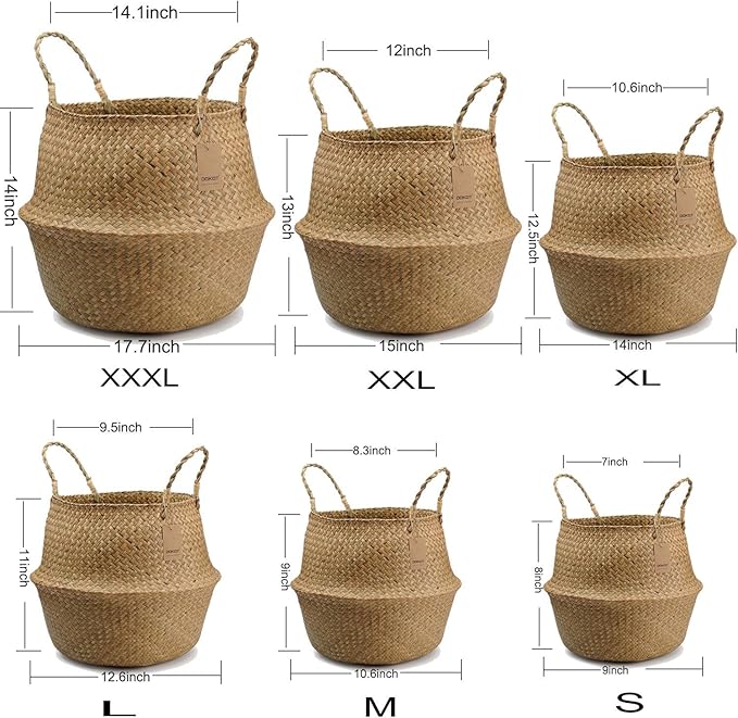 DOKOT Seagrass Plant Basket with Handles, Woven Storage Basket, 7inch Diameter x 8inch Height