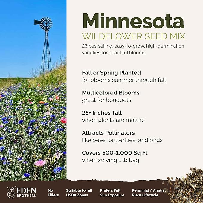Eden Brothers Minnesota Wildflower Mixed Seeds for Planting, 1 lb, 480,000+ Seeds with Cornflower, Blanket Flower | Attracts Pollinators, Plant in Spring or Fall, Zones