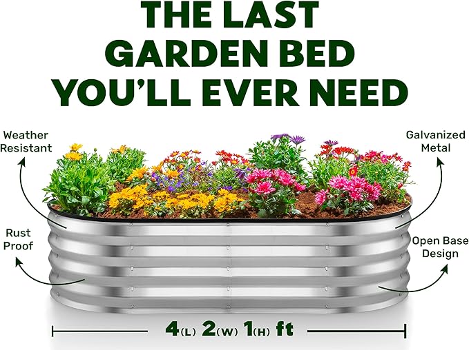 Galvanized Raised Garden Beds Outdoor // 4×2×1 ft Planter Raised Beds for Gardening, Vegetables, Flowers // Large Metal Garden Box (Silver) // Patented Tool-Free Design