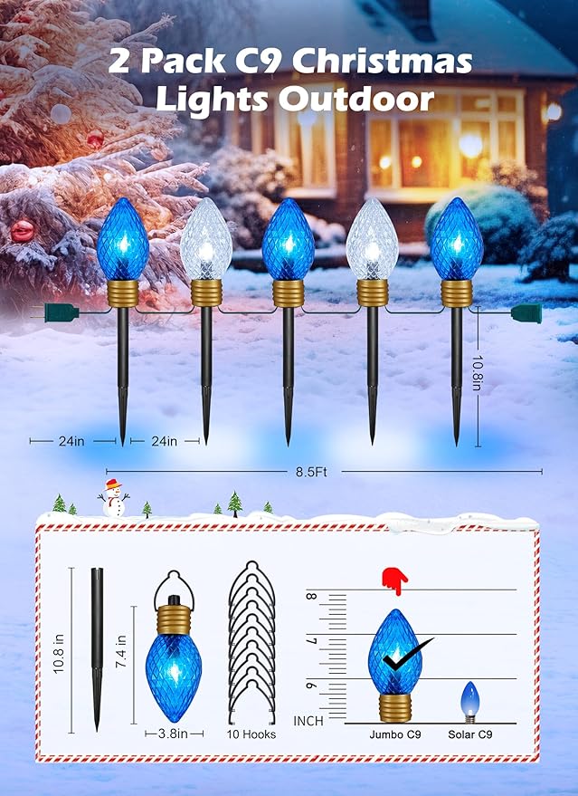 Moonflor Strawberry Jumbo C9 Christmas Pathway Lights Outdoor - 2Pack Total 17FT 10 LED C9 Walkway Light, Christmas Decoration Outside,Christmas Lights Outdoor for Lawn Yard Holiday, Blue & Pure White