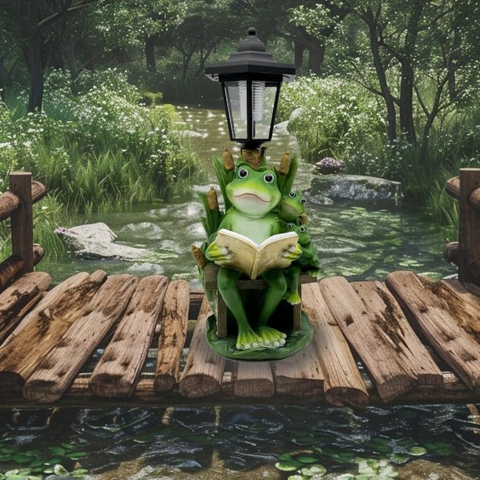 Frog Garden Statue with Solar Lantern - 16“ Outdoor Solar Lights Frog Figurine for Outside, Yard, Patio, Lawn Decor, Housewarming Gifts for Women, Mom