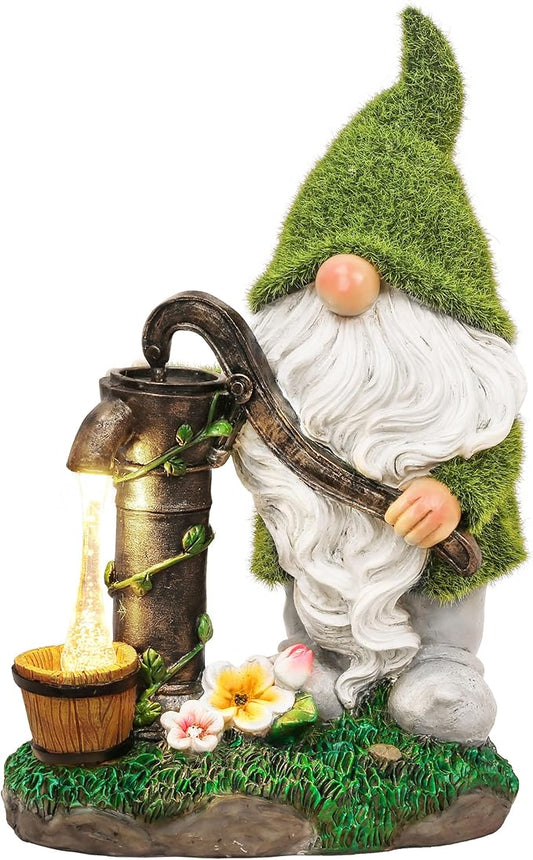 TERESA'S COLLECTIONS Resin Garden Gnomes Decor with Solar Lights, Green Outdoor Decorations for Porch Patio, Gifts for Women and Men,Outdoor Garden Decor Ornaments for Outside, 10"