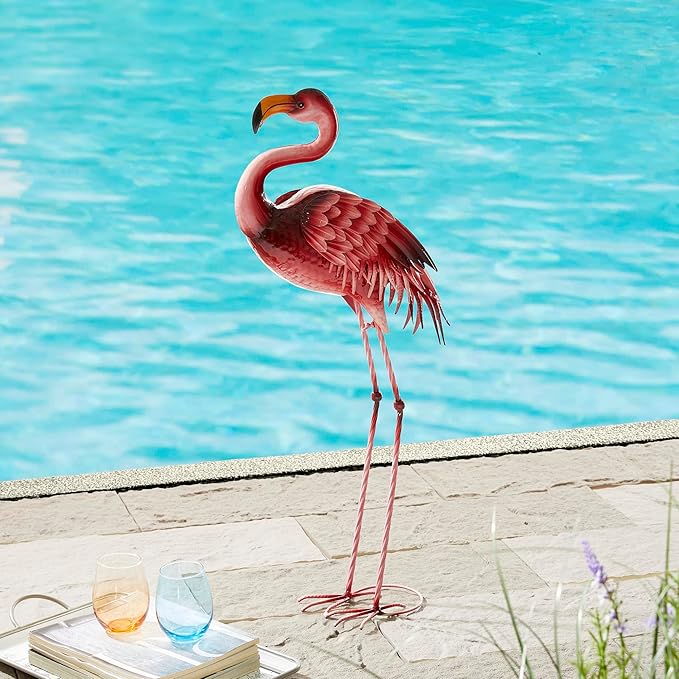 Glitzhome Metal Standing Flamingo Garden Statue with Stakes Outdoor Decorative Sign, 36.25" H