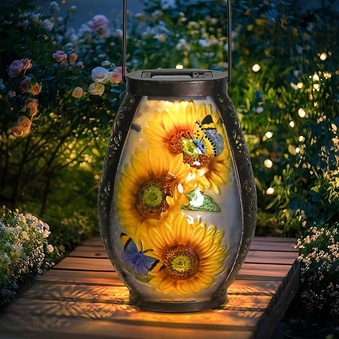 MUMTOP Solar Lanterns Outdoor Waterproof Sunflower Solar Powered LED Lights Hanging Solar Lantern Metal Decorative for Patio Table Garden Outside Yard Backyard