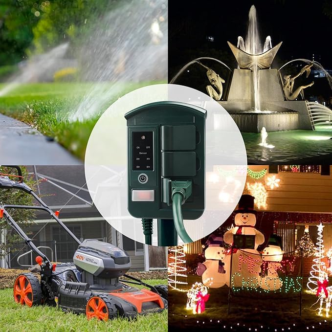 BN-LINK Outdoor Power Stake Timer Waterproof, Power Strip with 6 Grounded Outlets and 6FT Extension Cord, 100FT Wireless Remote Control, Dusk to Dawn Sensor Timer for Lights and Courtyard Decoration