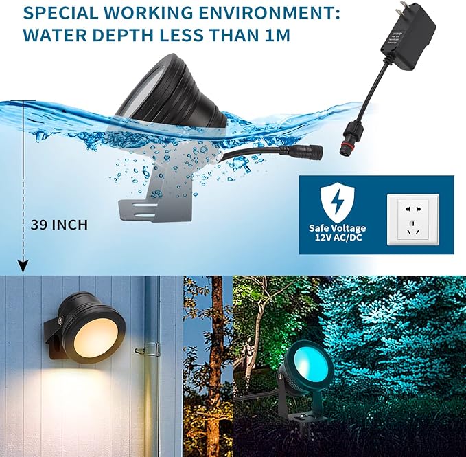 Spot Lights Outdoor, RGB Landscape Lighting 4XPack 15W IP67 Waterproof Spotlight Outdoor with Smart APP Control for Pathway Lights,LED Indoor Light(DC/AC 12V)