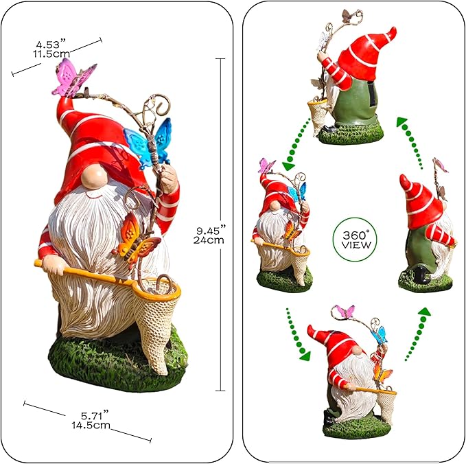 Solar Powered Gnome Garden Statue with Iron Butterflies - LED Lighted Garden Decorations, Resin Gnome with Butterfly Net, Gifts for Women and Men,Outdoor Decor Ornaments for Outside