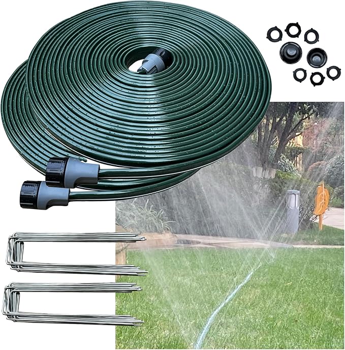 Watoo 2025 100 FT Flat Sprinkler Hose for Lawn Watering Garden Soaker Hose with Holes, Heavy Duty Lightweight No-Kink Water Hose with Stakes, Irrigation Hose, Great Fun for Kids and Dog