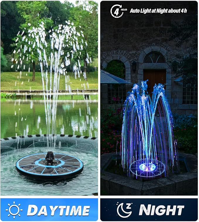 Solar Fountain Glass Panel with 2200 mah Battery, 3.5W Floating Solar Water Fountain with 4 Fixed Rods, Solar Fountain Pump for Bird Bath, Garden, Pond, Pool, Outdoor-Colorful Lights