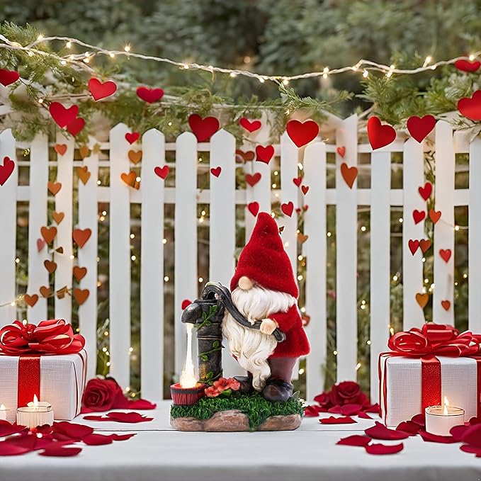 TERESA'S COLLECTIONS Resin Garden Gnomes Decor with Solar Lights, Red Outdoor Decorations for Porch Patio, Gifts for Women and Men,Outdoor Garden Decor Ornaments for Outside, 9"