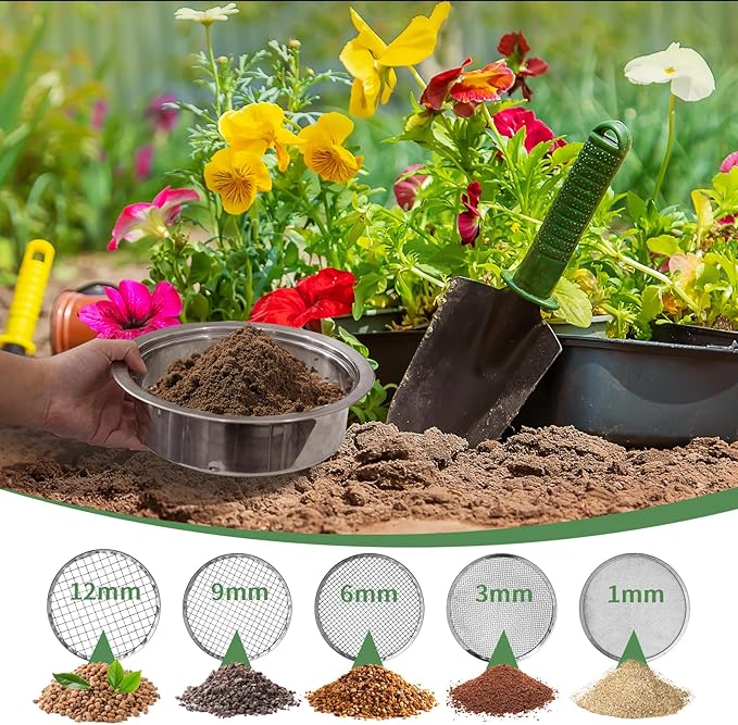 Soil Sifter for Rocks Stainless Steel Compost Sifter with 5 Replaceable Mesh, Dirt Sifter for Gardening Soil Weed Sand Cat Litter Bonsai with Planting Mat,Shovel,Gloves