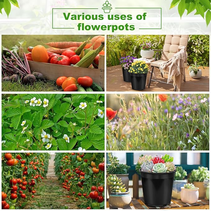 1/2/3/5/7 Gallon Pots for Plants, 7 Gallon Plastic Nursery Pot with Drainage Holes, Sturdy Plastic Plant Pots for Nursery Garden, Flowers, Succulent Outdoor Indoor (Black, 7 Gal- 4 Pack)