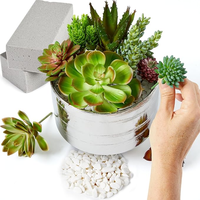 Succulents Plants Artificial (17 Pack) - Realistic Unpotted Fake Succulents - Faux Plants Decor for DIY - Includes a Premium Set of Stones and Floral Foam Blocks
